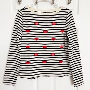 Betsey Johnson | Embroidered Kiss Striped Long Sleeve Top